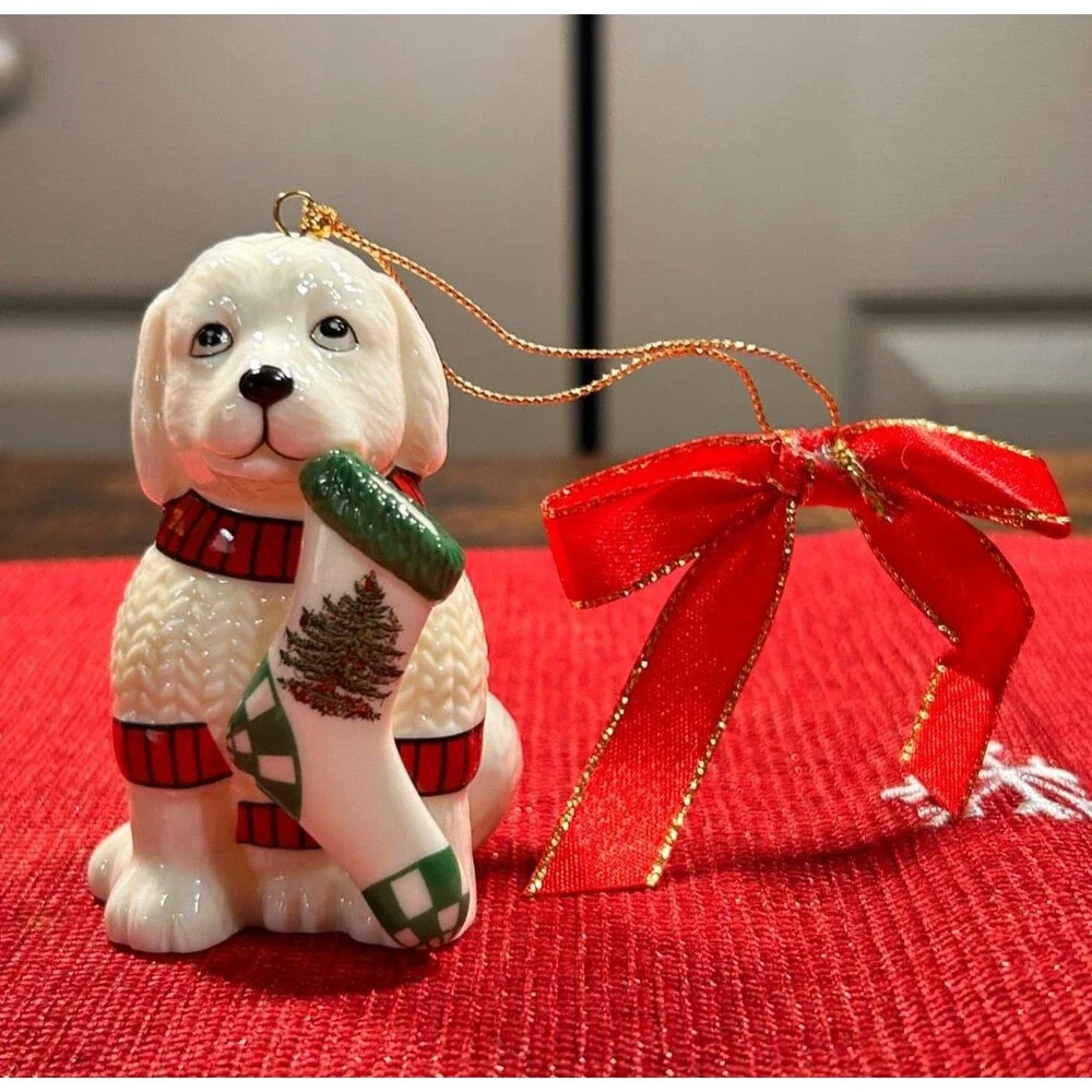 Spode Christmas Tree Puppy with Stocking Ornament 2.5